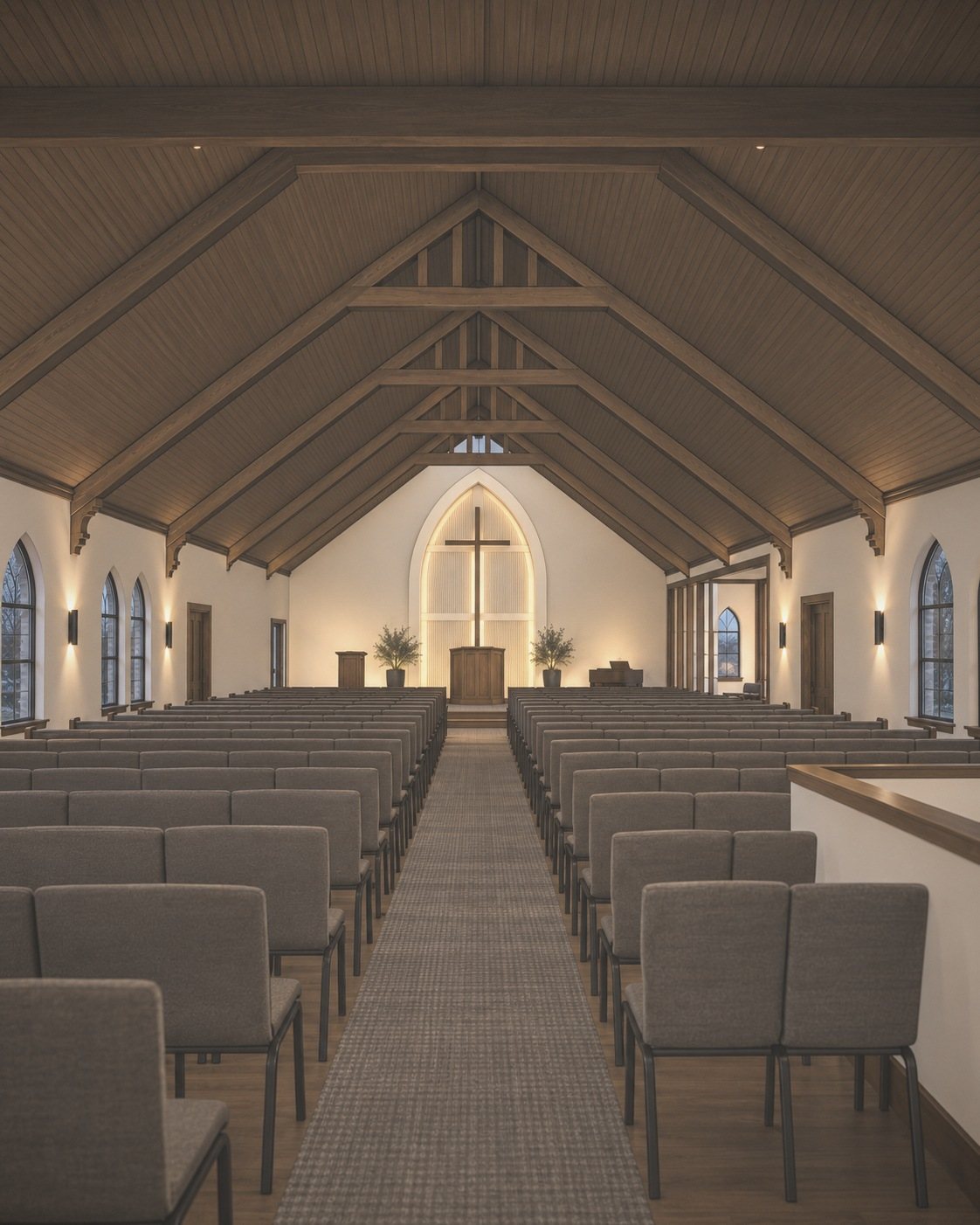 Church interior with exposed timber trusses, warm wall sconces and rows of upholstered seating