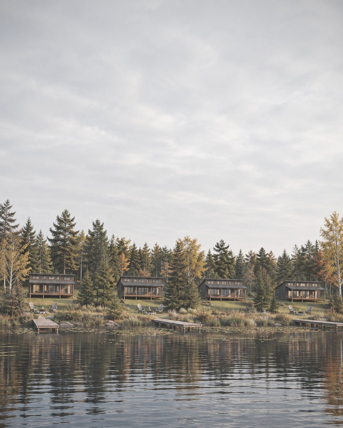 Four dark-clad cottages among spruce and birch along a calm lakeshore with docks