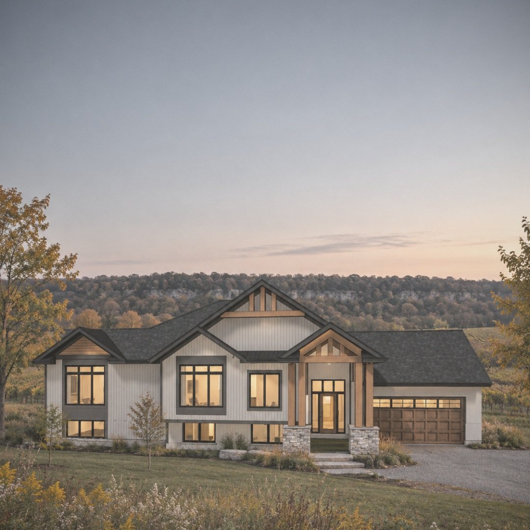 Raised bungalow with board-and-batten siding, timber porch and glowing windows at dusk, with a wooded escarpment behind