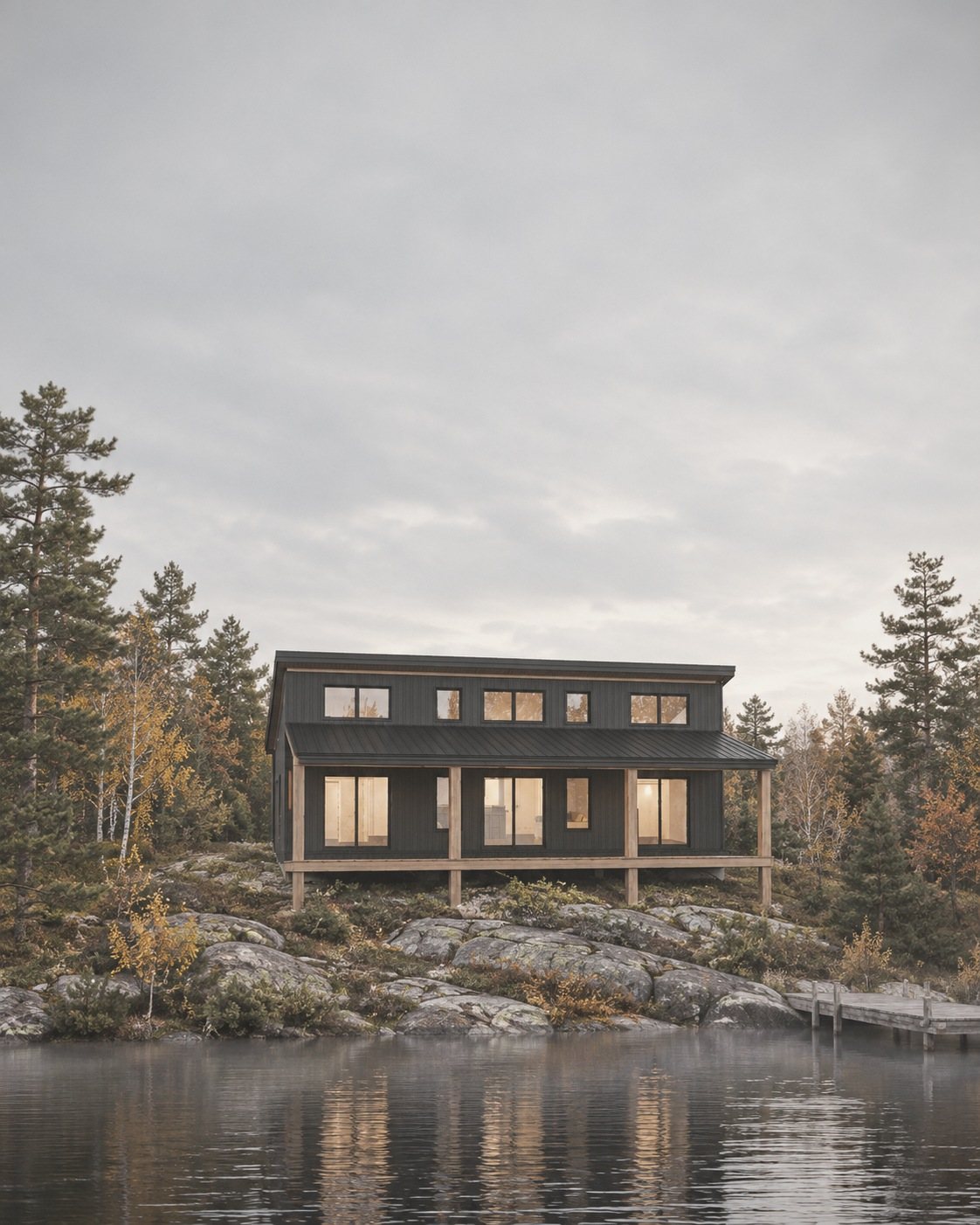 Black-clad cabin with a timber porch on a granite shoreline beside a misty lake